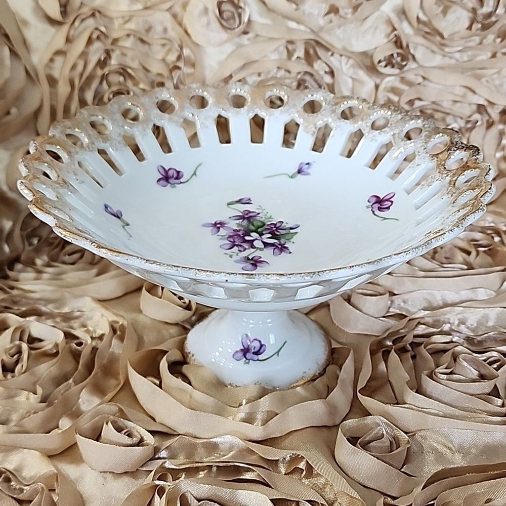 Vintage Thames Handpainted Dainty Violet Pedestal Cutwork Dish Coquette Bridal